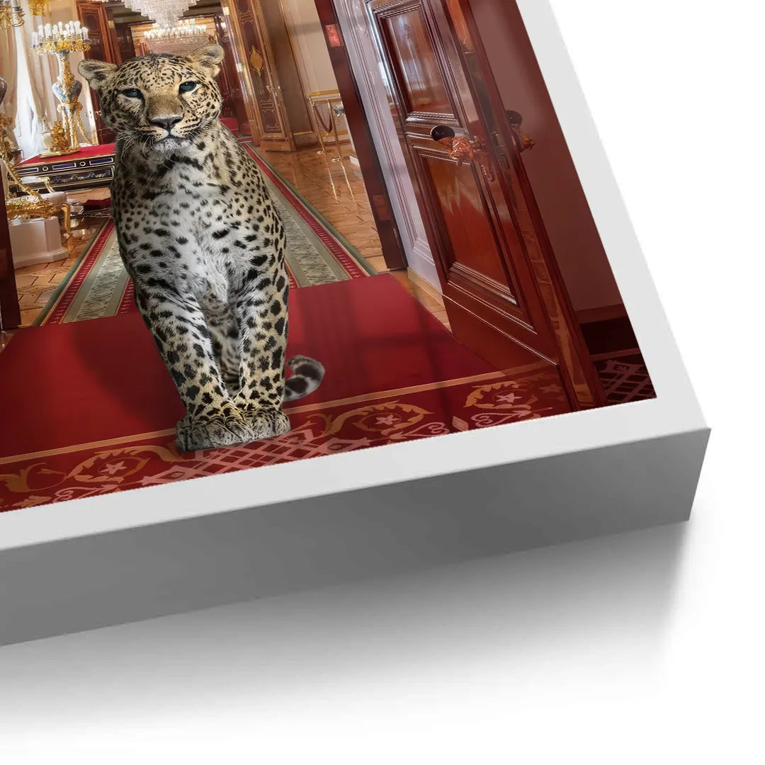 Close-up of the leopard in palace fine art, highlighting the paper texture and white frame edge.