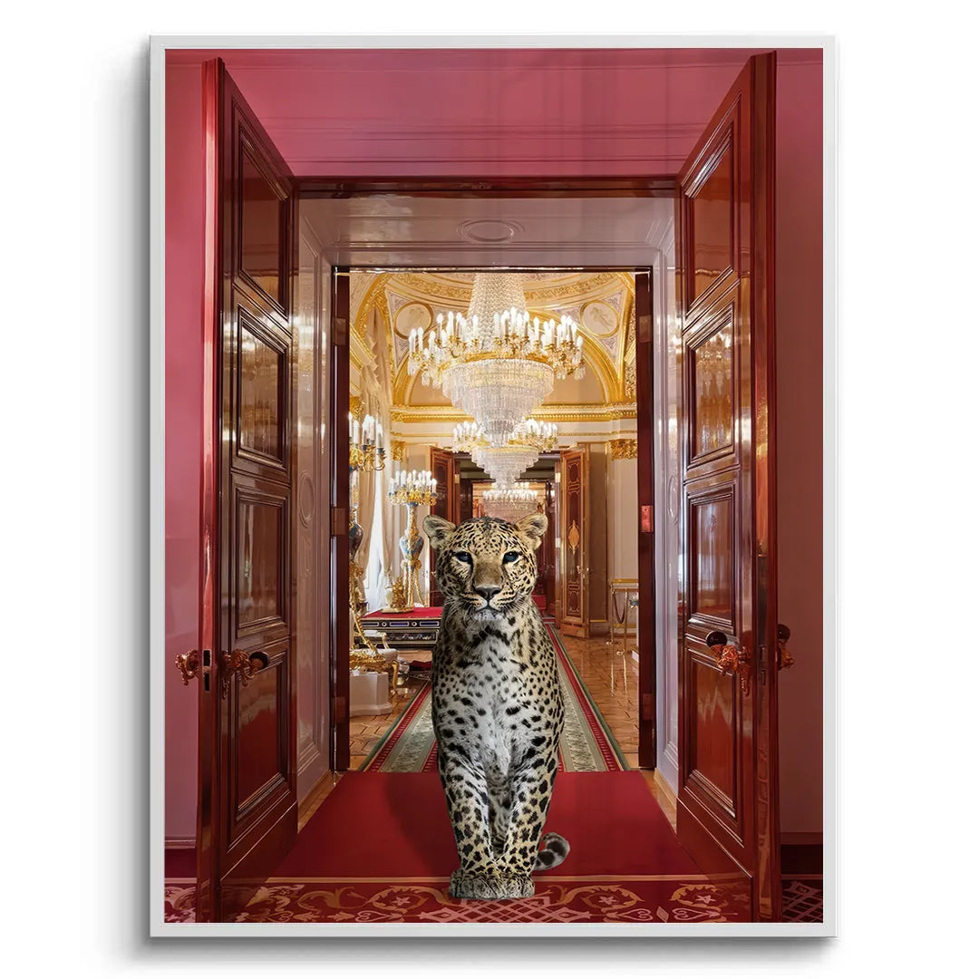 2Fine art print of a leopard sitting on a red carpet in a red and gold palace doorway, white frame.