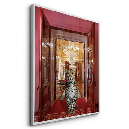 Angled perspective of the leopard fine art print in a white frame.