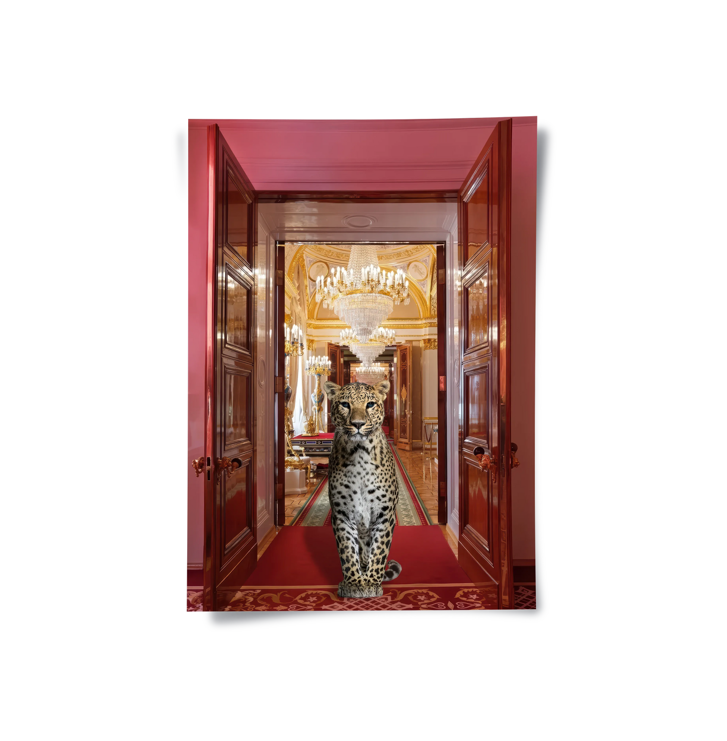 2Poster art of Leopard standing in a grand hallway with ornate decorations and a chandelier.