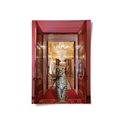 Poster art of Leopard standing in a grand hallway with ornate decorations and a chandelier.