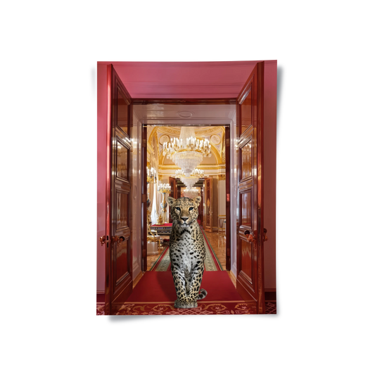Poster art of Leopard standing in a grand hallway with ornate decorations and a chandelier.