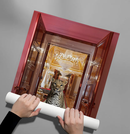 Hands unrolling a glossy poster print of a leopard standing in a lavish red and gold palace hall.