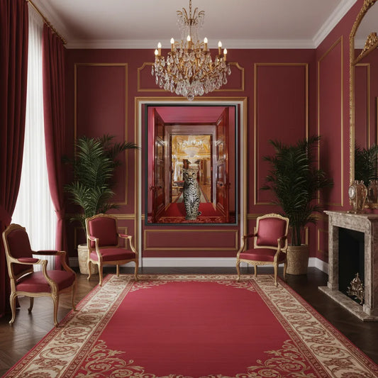 Luxurious red and gold formal room with the framed leopard canvas art.