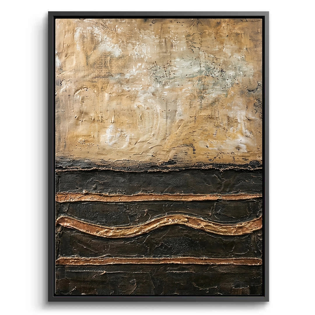 2Large 'Rustic Divide' abstract painting featuring a bold split between textured clay and smooth gold leaf, a perfect focal point for a modern Dubai villa.