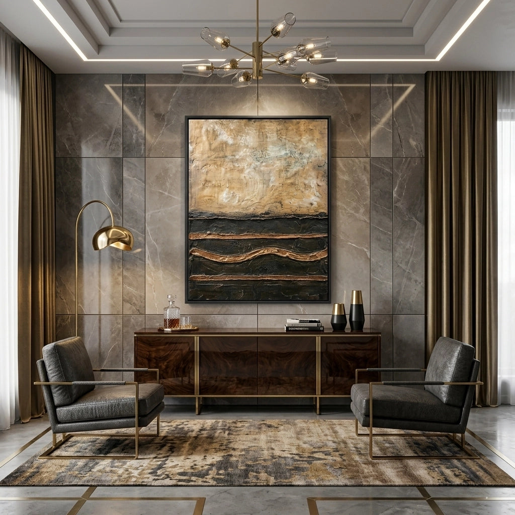 Two-panel 'Rustic Divide' canvas art in sand and charcoal tones, bringing a grounded, organic feel to a contemporary Abu Dhabi living room.