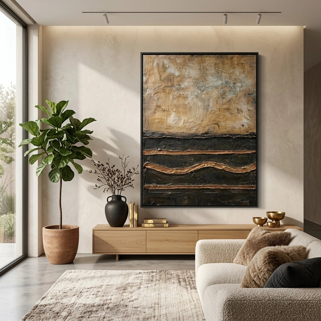 2Handcrafted 'Rustic Divide' room screen made of reclaimed wood and matte black metal, an elegant partition for open-plan UAE homes.