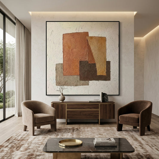 Textured rustic geometry painting featuring weathered gold and terracotta tones, ideal for high-end UAE interior design.