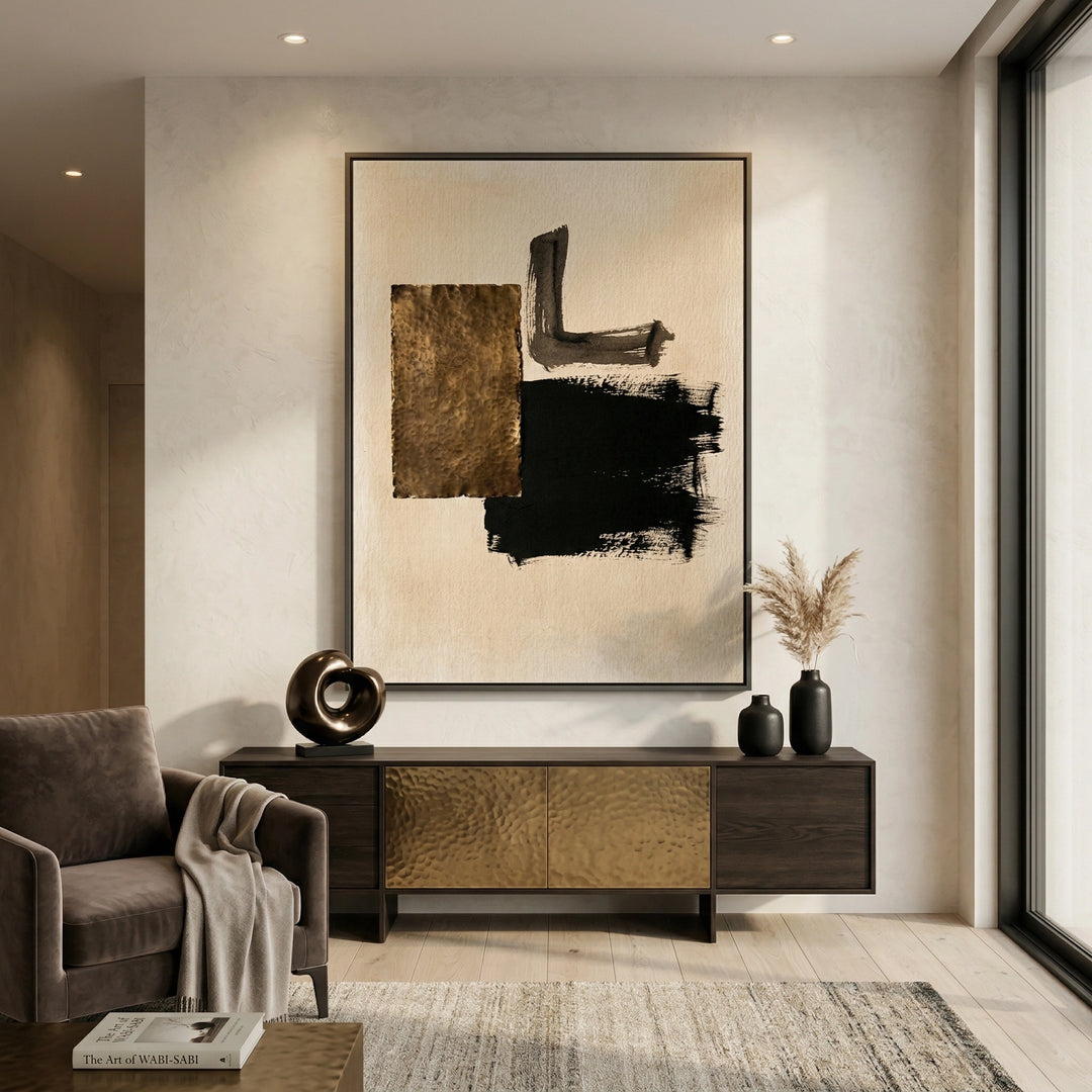 Minimalist abstract artwork with rustic textures and neutral palette, ideal for stylish UAE interiors