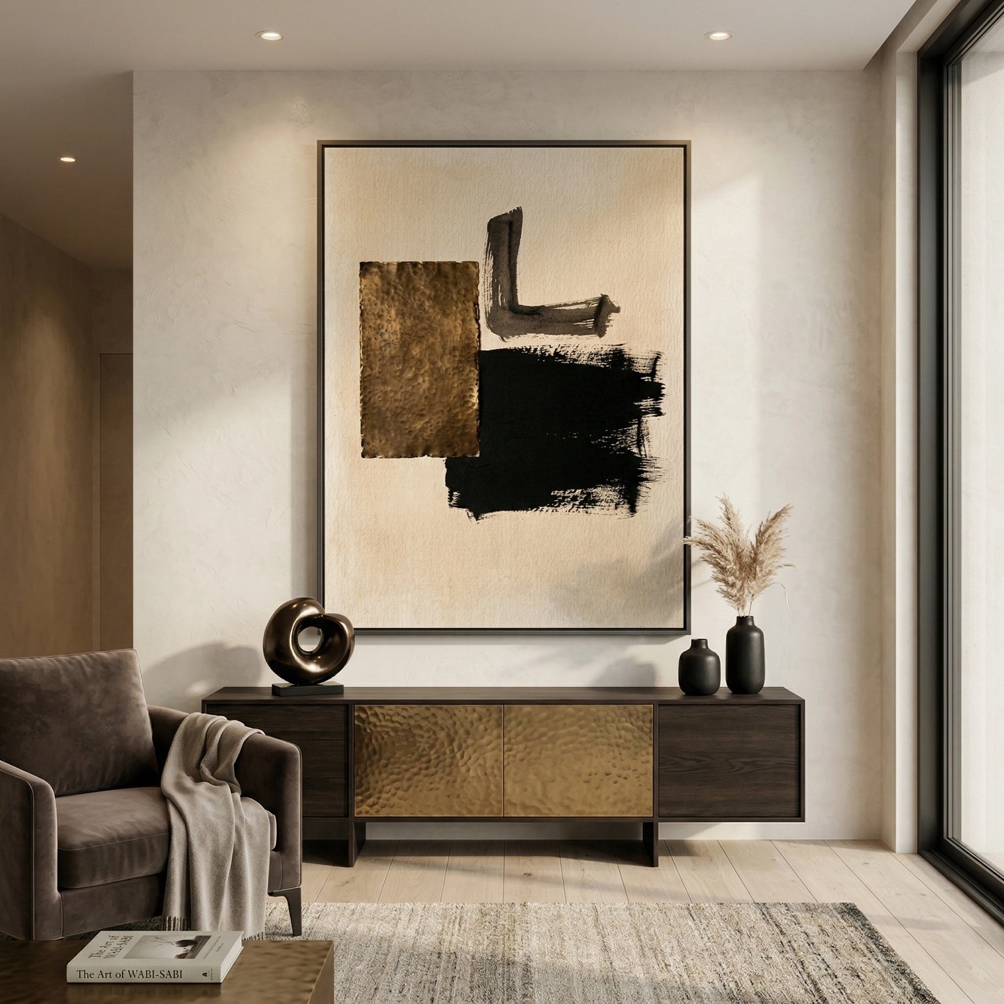 2Minimalist abstract artwork with rustic textures and neutral palette, ideal for stylish UAE interiors