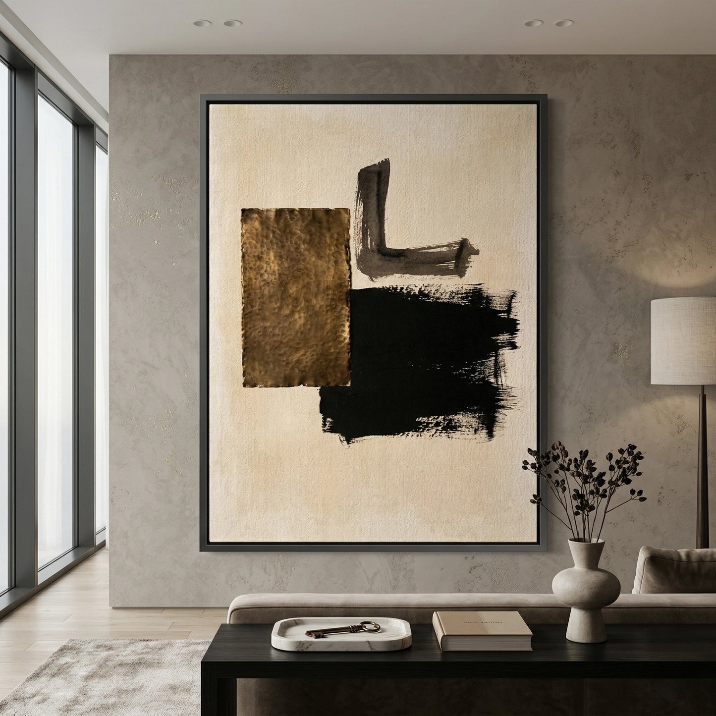 2Contemporary Rustic Modern Minimalist wall decor showcasing layered textures and muted shades for UAE living spaces
