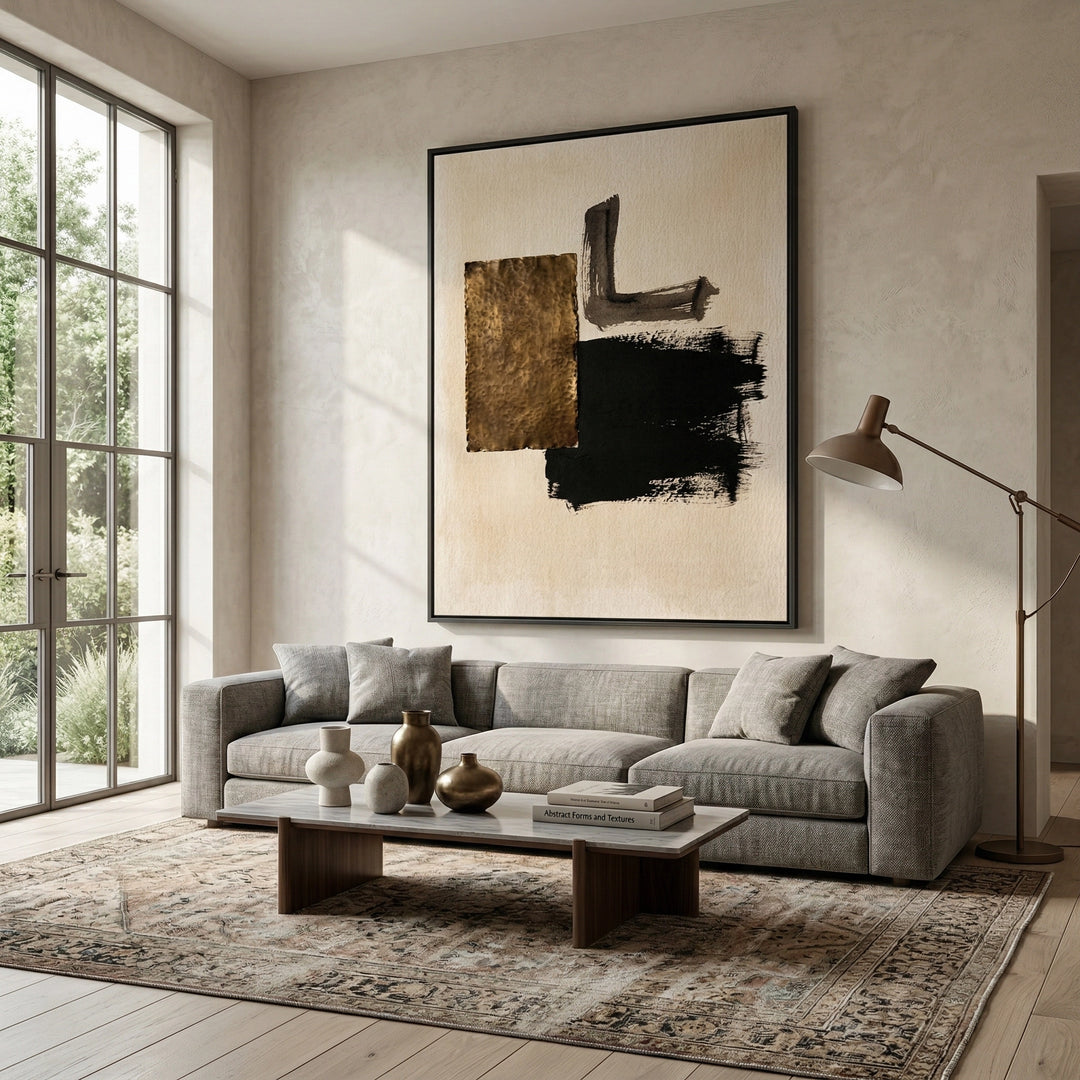 Modern Rustic Minimalist artwork with abstract textures and neutral hues, perfect for chic UAE wall decor