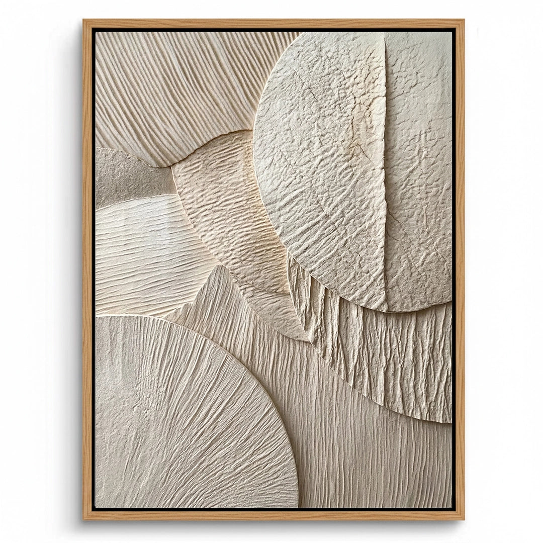 Large 'Sand Echoes' textured plaster art featuring rhythmic dune-like ridges in a warm beige palette, a serene focal point for a luxury Dubai villa.