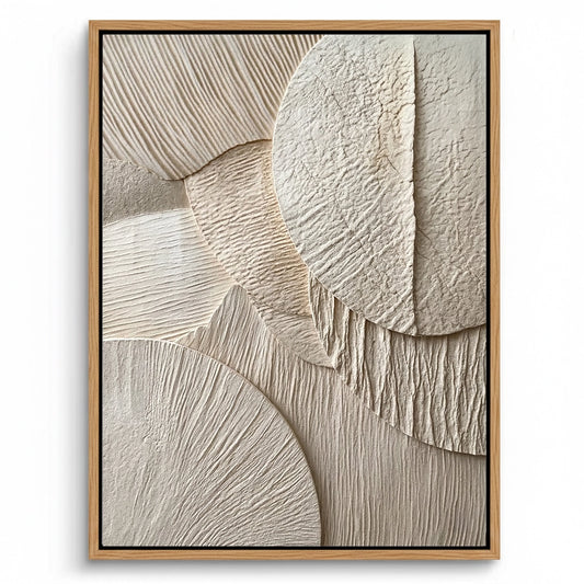 Large 'Sand Echoes' textured plaster art featuring rhythmic dune-like ridges in a warm beige palette, a serene focal point for a luxury Dubai villa.