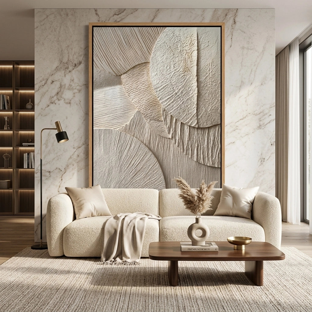 Minimalist 'Sand Echoes' canvas art with heavy impasto textures and soft shadow play, bringing a grounded desert aesthetic to a modern Abu Dhabi home.