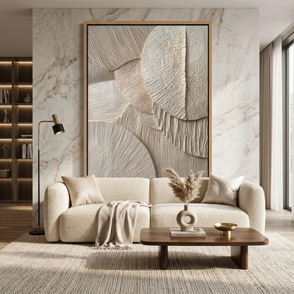 Minimalist 'Sand Echoes' canvas art with heavy impasto textures and soft shadow play, bringing a grounded desert aesthetic to a modern Abu Dhabi home.
