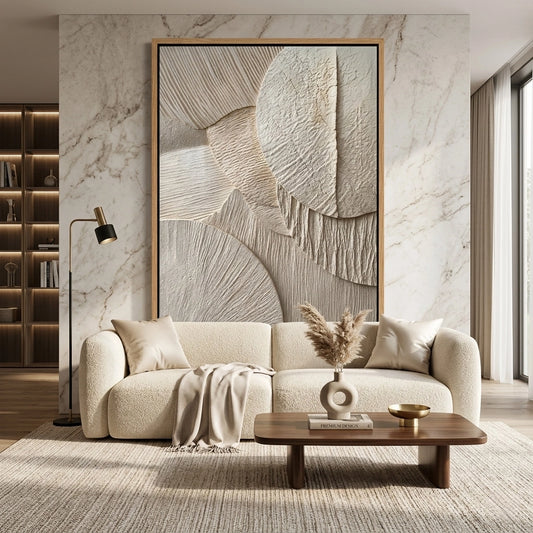 Minimalist 'Sand Echoes' canvas art with heavy impasto textures and soft shadow play, bringing a grounded desert aesthetic to a modern Abu Dhabi home.