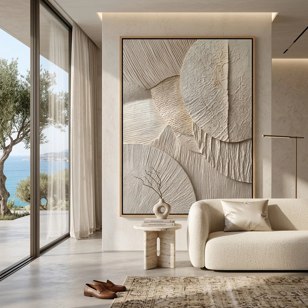 2Luxury 'Sand Echoes' area rug with a high-low pile carved pattern mimicking wind-swept desert ripples, perfect for a contemporary Dubai lounge.