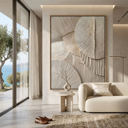 Luxury 'Sand Echoes' area rug with a high-low pile carved pattern mimicking wind-swept desert ripples, perfect for a contemporary Dubai lounge.