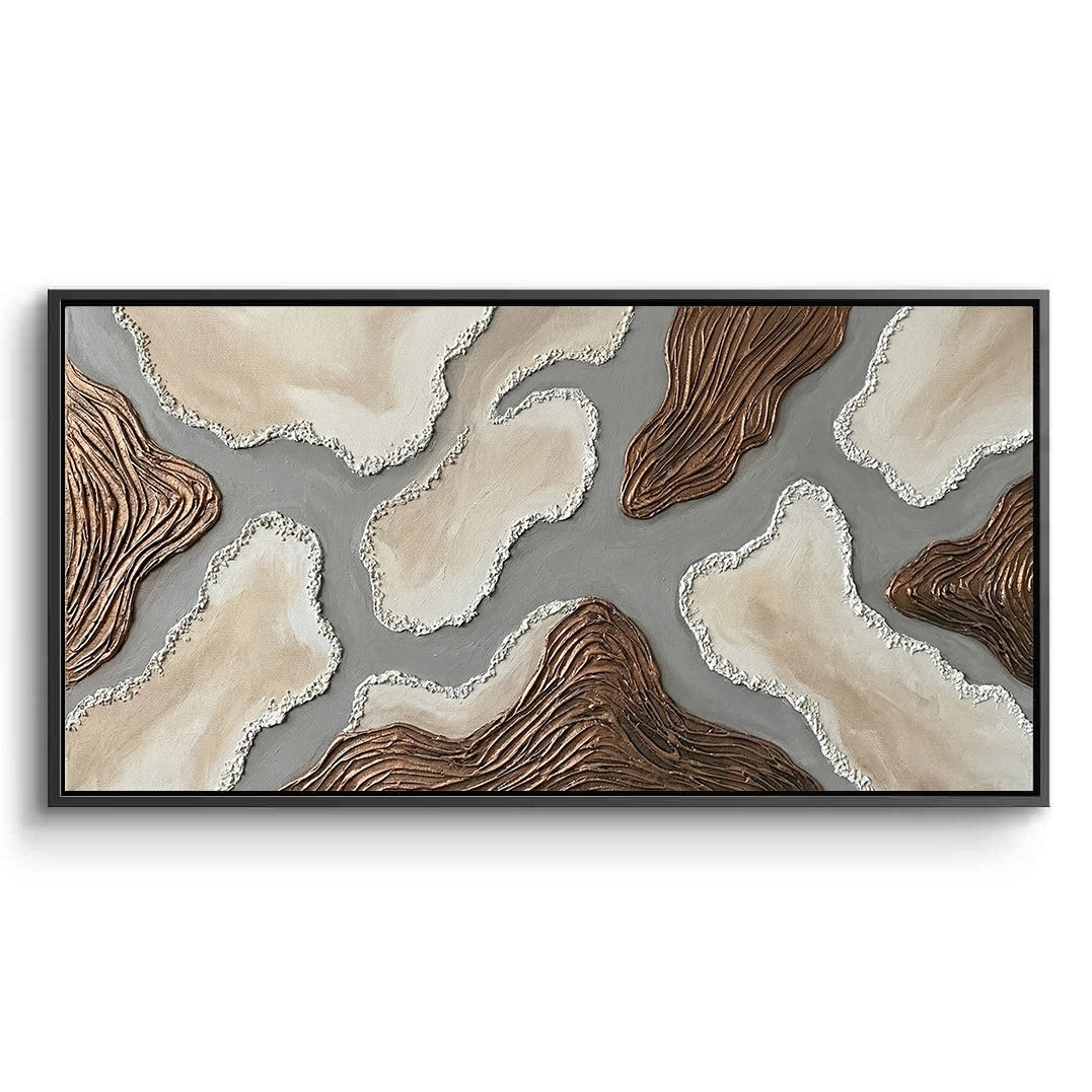 Large 3D 'Sandstone Abstract' plaster art featuring hand-sculpted sedimentary layers in a warm ochre and bone palette, a sophisticated focal point for a luxury Dubai home.