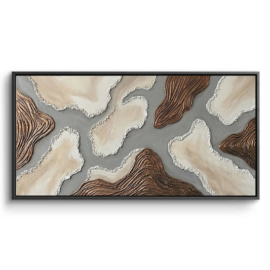 Large 3D 'Sandstone Abstract' plaster art featuring hand-sculpted sedimentary layers in a warm ochre and bone palette, a sophisticated focal point for a luxury Dubai home.