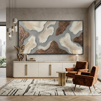 Minimalist 'Sandstone Abstract' canvas art with heavy impasto mineral grains and soft shadow play, bringing a sun-drenched 'Desert Modern' aesthetic to a modern Abu Dhabi villa.