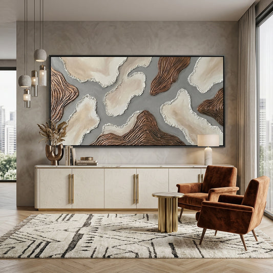 Minimalist 'Sandstone Abstract' canvas art with heavy impasto mineral grains and soft shadow play, bringing a sun-drenched 'Desert Modern' aesthetic to a modern Abu Dhabi villa.