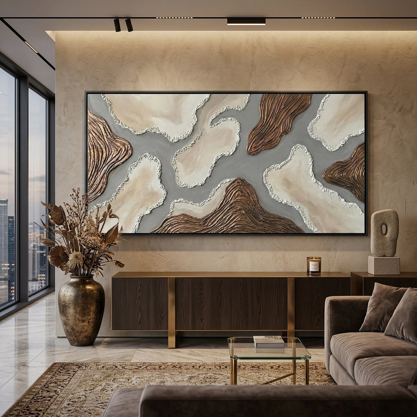 2Abstract 'Sandstone Abstract' textured painting with a matte desert-sand finish and rhythmic horizontal ridges, premium neutral wall decor available in the UAE.