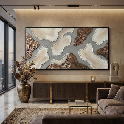 Abstract 'Sandstone Abstract' textured painting with a matte desert-sand finish and rhythmic horizontal ridges, premium neutral wall decor available in the UAE.