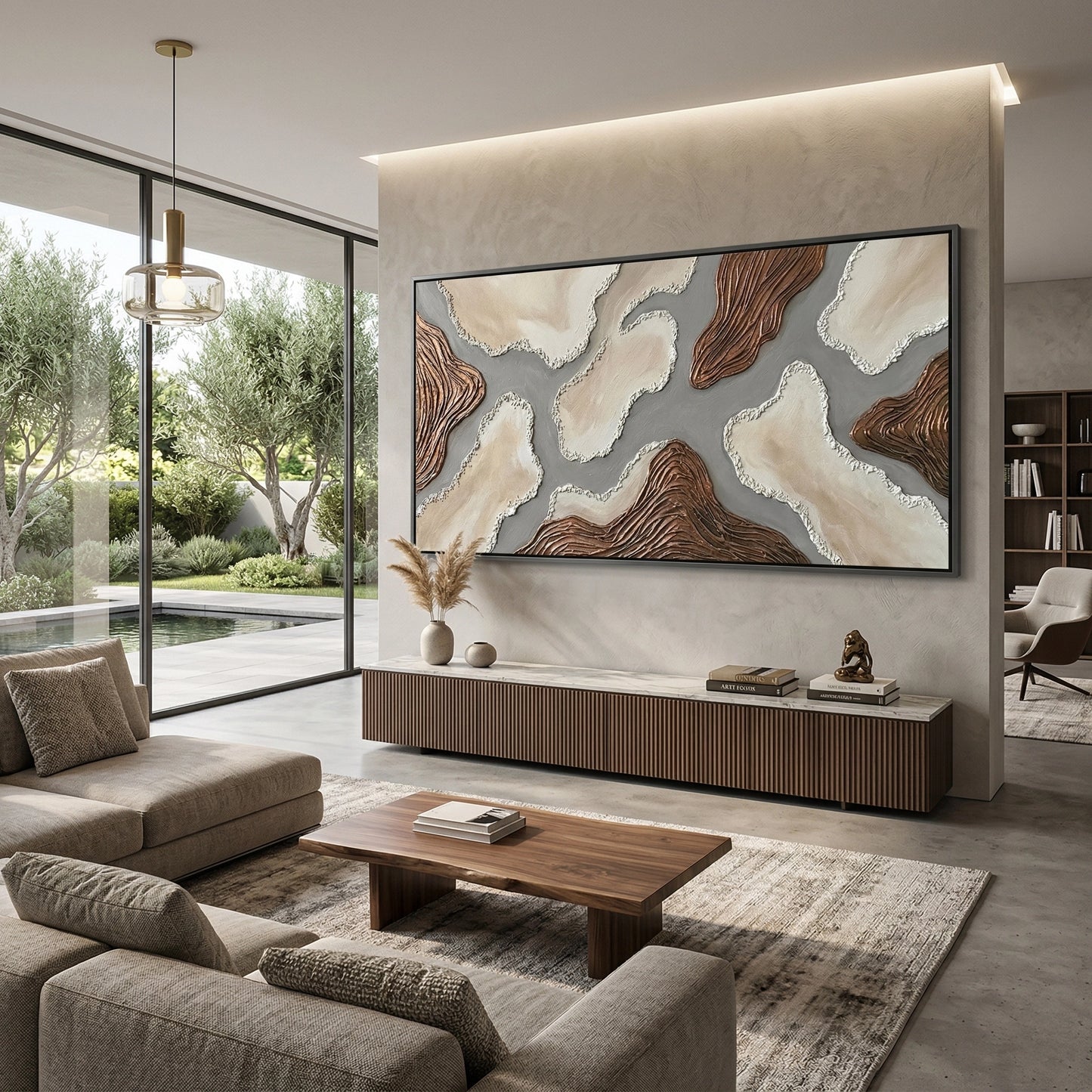 2Sculptural 'Sandstone Abstract' coffee table with a raw-cut travertine base and matte mineral finish, a unique handcrafted furniture piece for high-end UAE interiors.