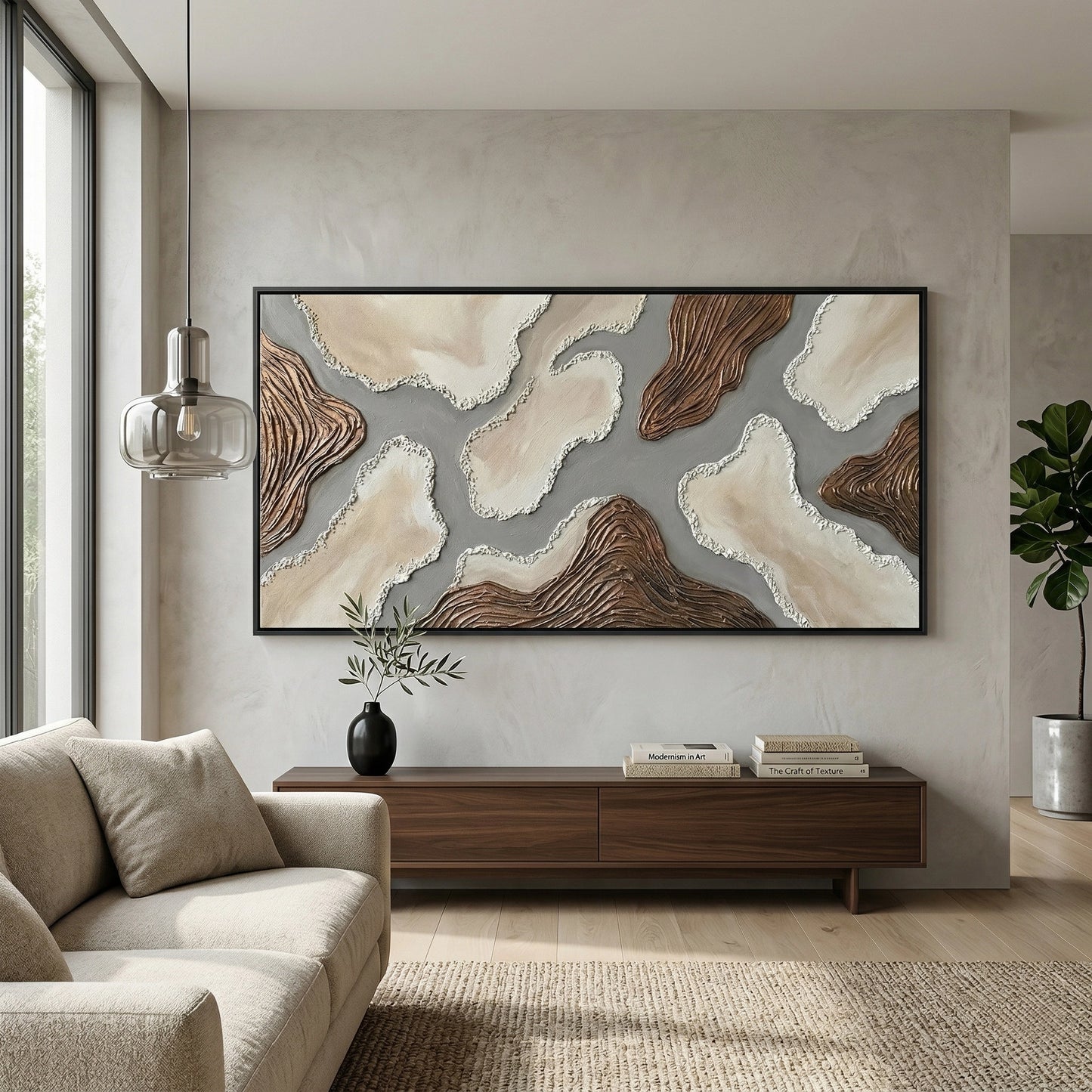 2Matte-finish 'Sandstone Abstract' ceramic vase with a rugged, porous texture in a natural desert-sand glaze, a chic accessory for a modern Dubai home office.