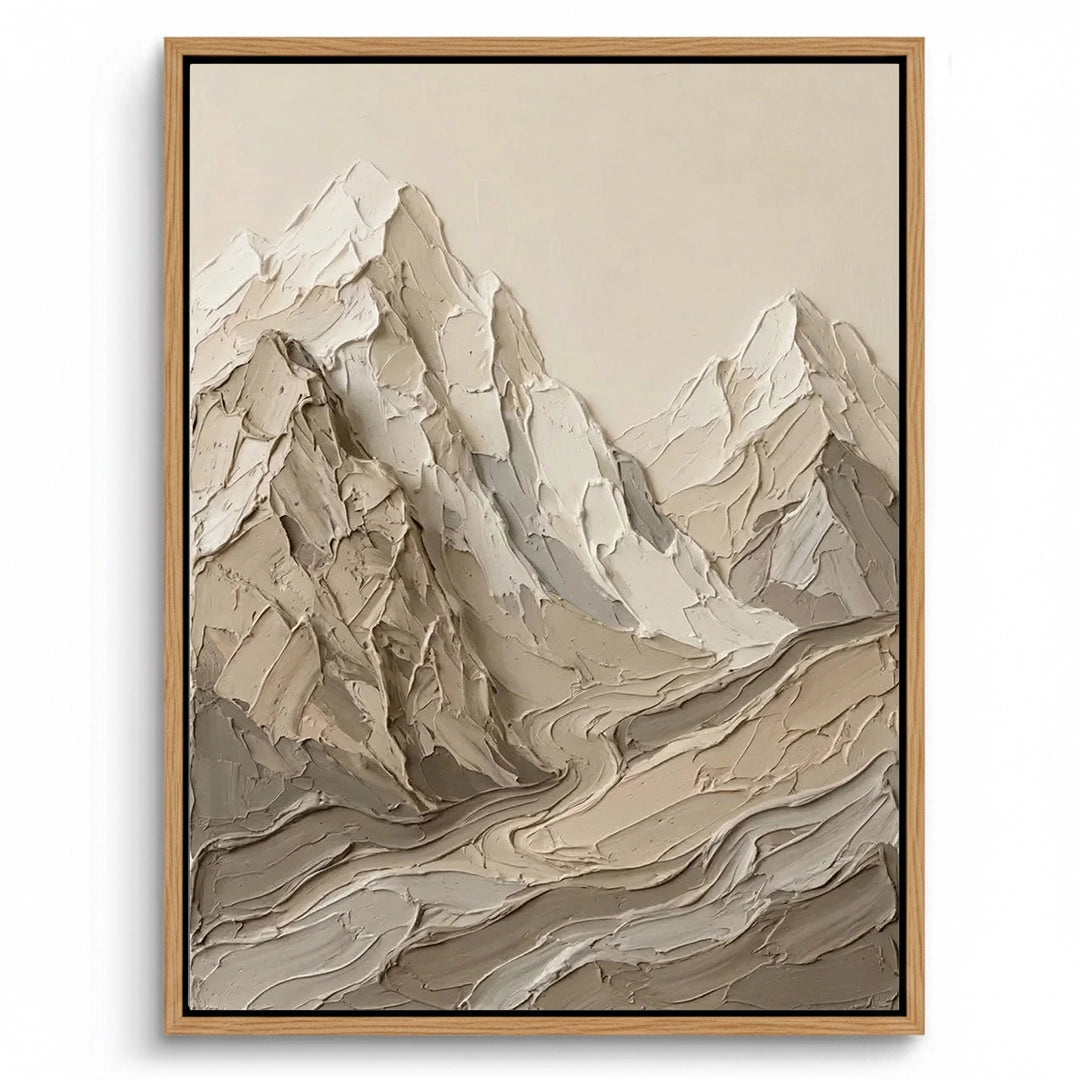 2Large 'Sandstone Range' textured plaster art featuring 3D mineral ridges in a warm desert-sand palette, a serene focal point for a luxury Dubai villa.