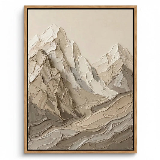 Large 'Sandstone Range' textured plaster art featuring 3D mineral ridges in a warm desert-sand palette, a serene focal point for a luxury Dubai villa.