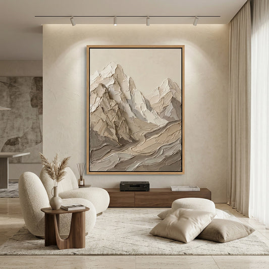 Minimalist 'Sandstone Range' canvas art with heavy impasto textures and a coarse mineral finish, bringing a grounded 'Desert Modern' aesthetic to a contemporary Abu Dhabi home.