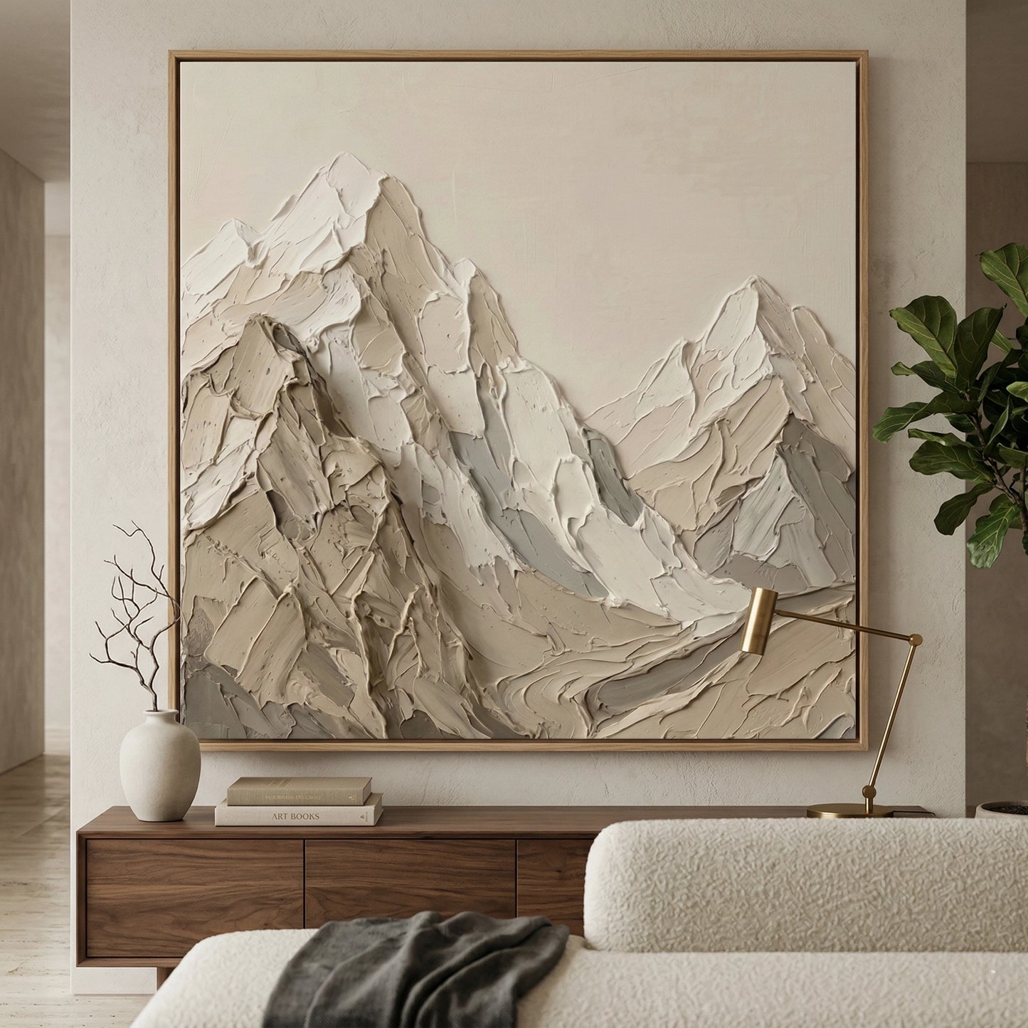 2Sculptural 'Sandstone Range' coffee table with a matte mineral finish and clean architectural lines, a unique handcrafted furniture piece for high-end UAE interiors.