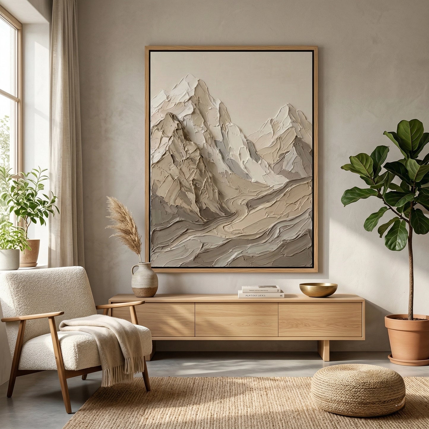2Luxury 'Sandstone Range' area rug with a high-low pile texture mimicking wind-swept desert dunes, perfect for a high-end Dubai lounge.