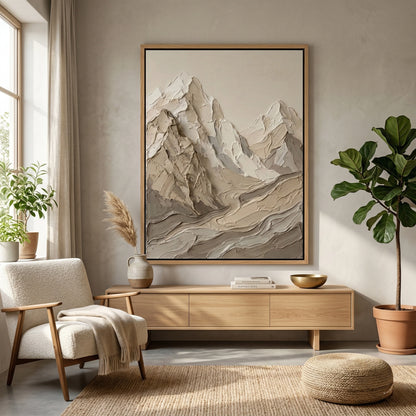 Luxury 'Sandstone Range' area rug with a high-low pile texture mimicking wind-swept desert dunes, perfect for a high-end Dubai lounge.