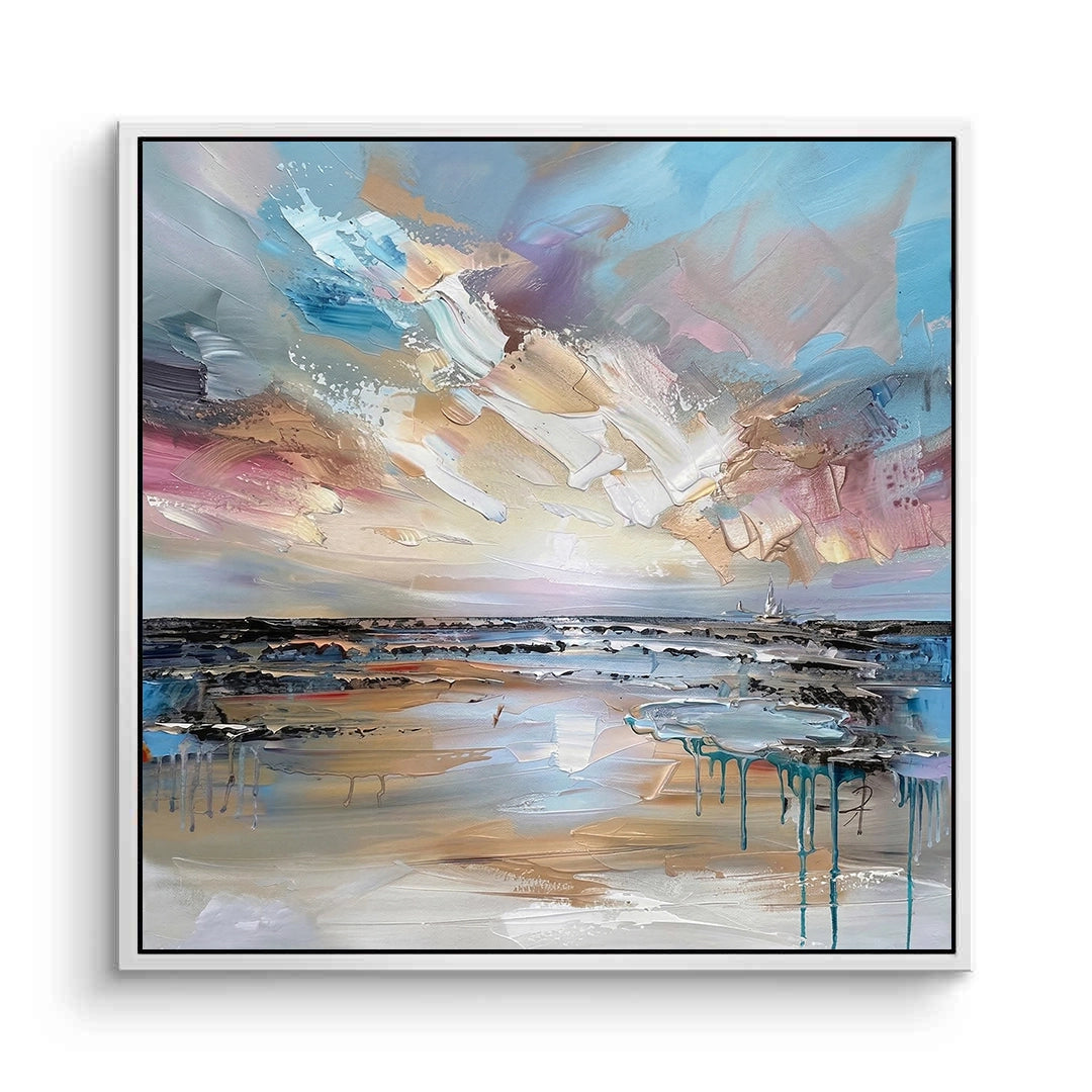 2Serene shoreline wall art with soft coastal tones and subtle texture, perfect for modern UAE home decor with a calming aesthetic