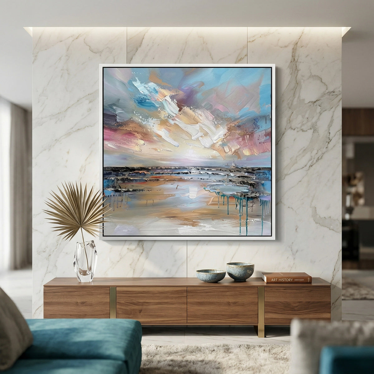 Minimalist shoreline artwork in sandy beige and muted blue hues, ideal for elegant and contemporary UAE interiors