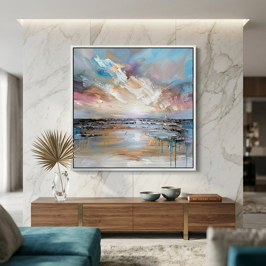 Minimalist shoreline artwork in sandy beige and muted blue hues, ideal for elegant and contemporary UAE interiors