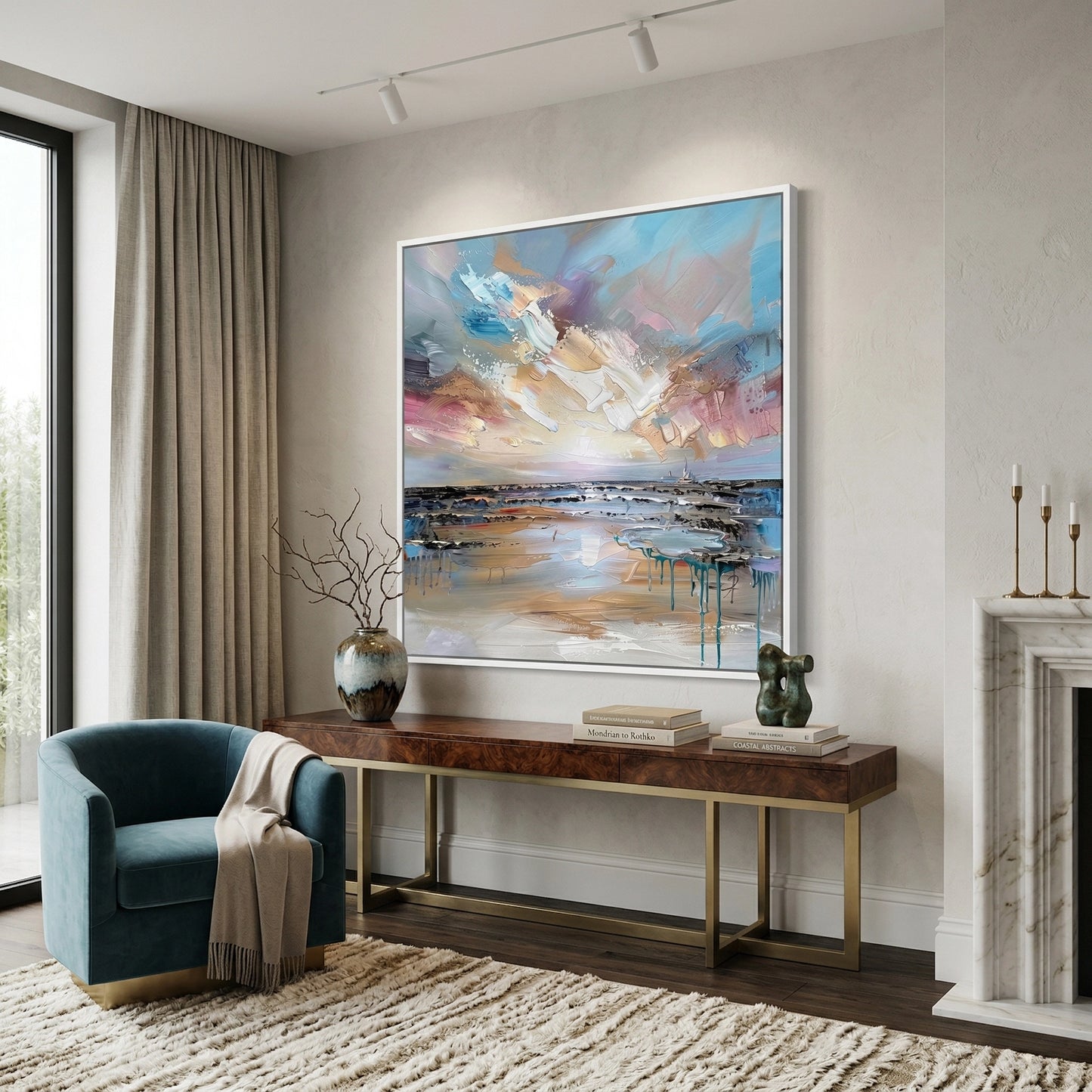 2Abstract coastal wall decor inspired by a peaceful shoreline, featuring gentle textures for stylish UAE living spaces
