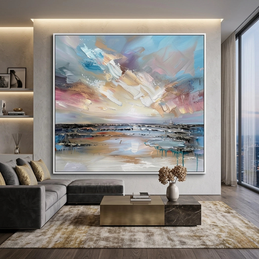 2Soft textured shoreline art print with neutral palette, designed for luxurious and serene UAE home styling
