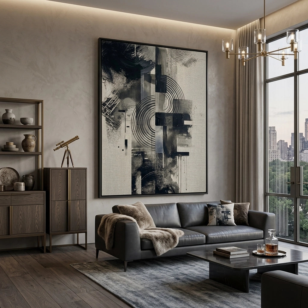 Minimalist abstract artwork with dynamic shadow textures and muted palette, ideal for elegant UAE interiors