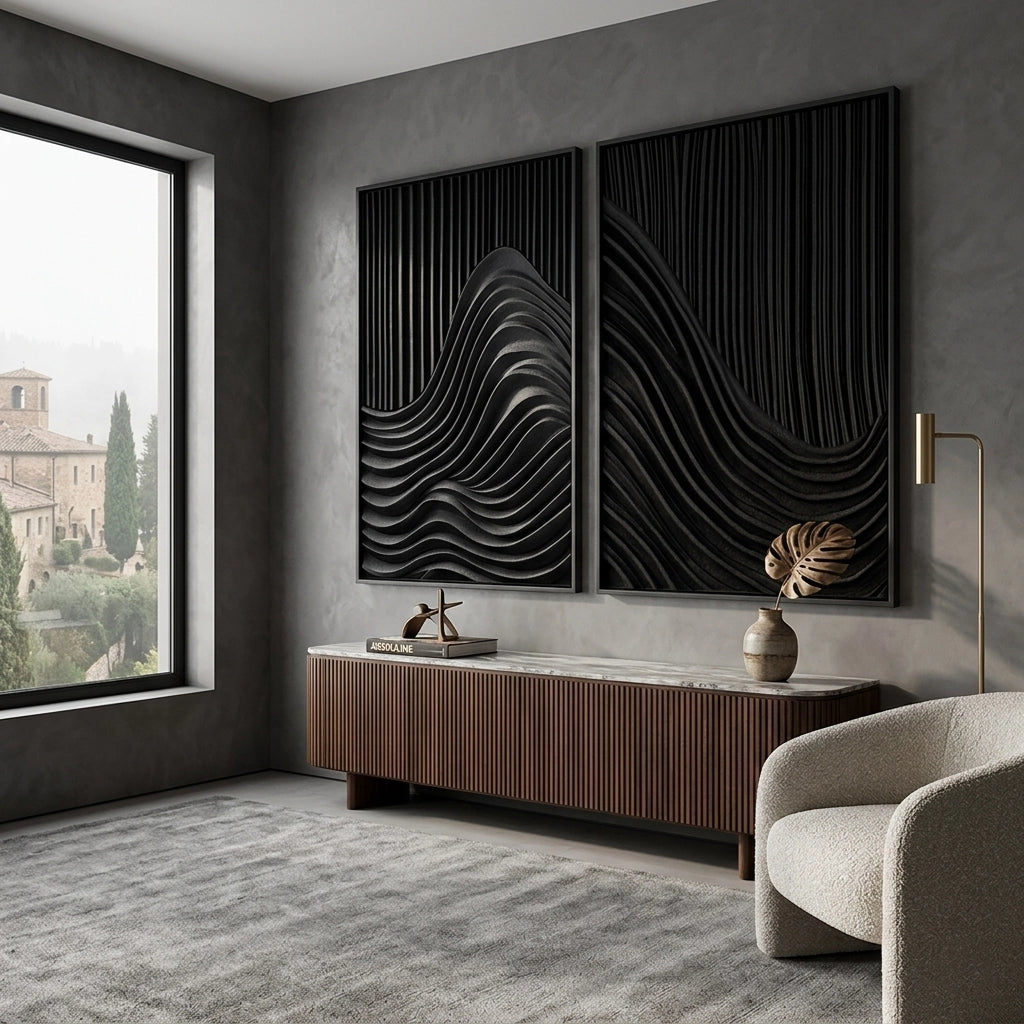 2Shadow Waves handcrafted matte black ceramic vase featuring an undulating silhouette, elegant tabletop accessory for luxury Abu Dhabi apartments