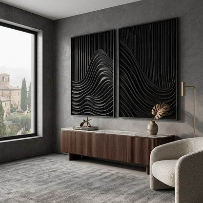 Shadow Waves handcrafted matte black ceramic vase featuring an undulating silhouette, elegant tabletop accessory for luxury Abu Dhabi apartments