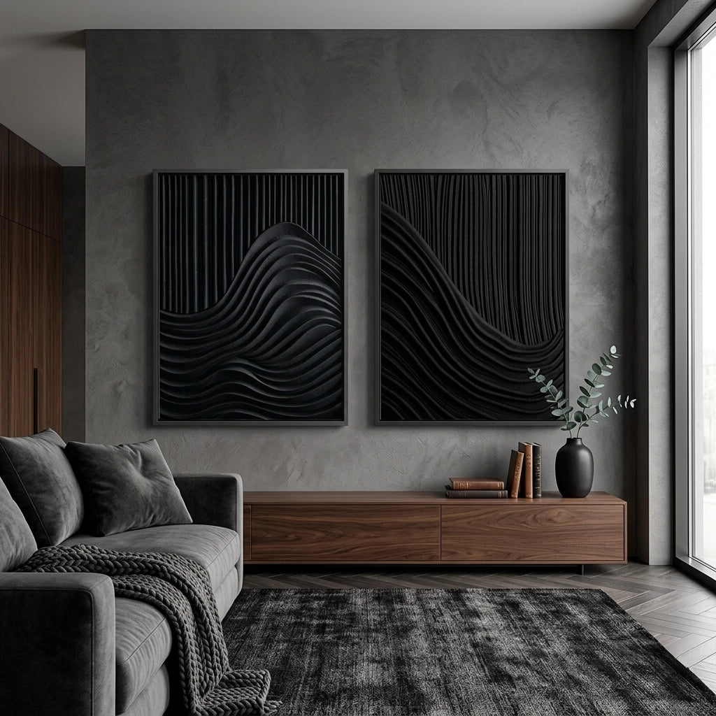 2Shadow Waves Set of 2 premium textured cushion covers in slate grey, luxury soft furnishings for contemporary UAE living rooms