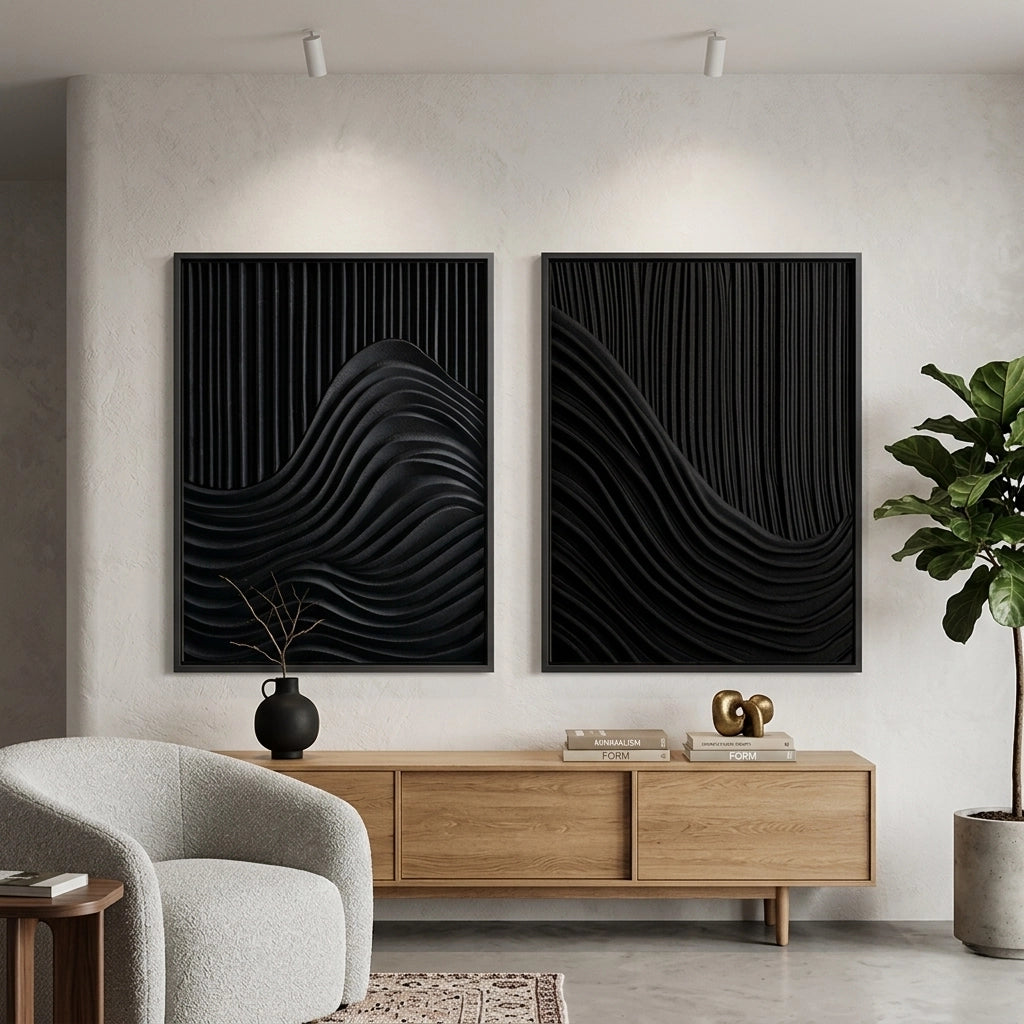 Shadow Waves Set of 2 matte black ceramic vases with undulating silhouettes, elegant bedside accessories for high-end Emirates apartments
