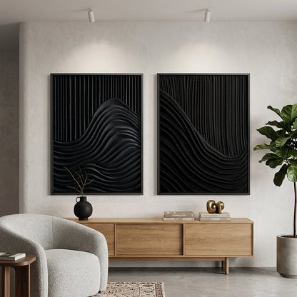Shadow Waves Set of 2 matte black ceramic vases with undulating silhouettes, elegant bedside accessories for high-end Emirates apartments