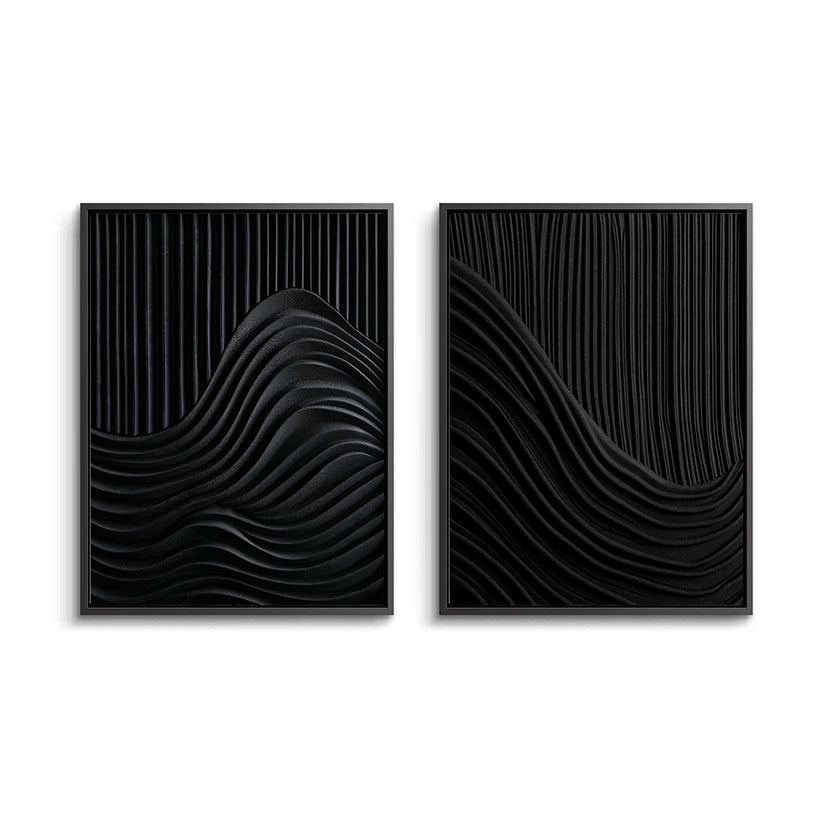 Shadow Waves Set of 2 abstract monochrome wall art with flowing charcoal patterns, ideal for modern villa interiors in Dubai