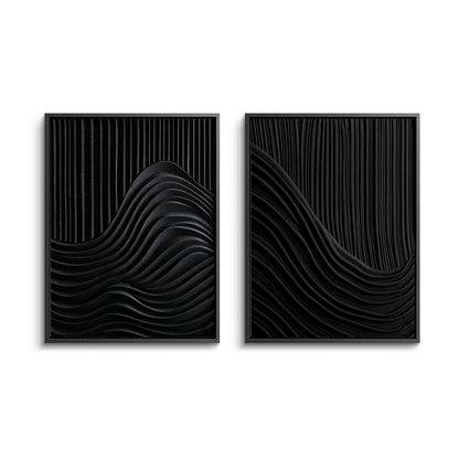 Shadow Waves Set of 2 abstract monochrome wall art with flowing charcoal patterns, ideal for modern villa interiors in Dubai